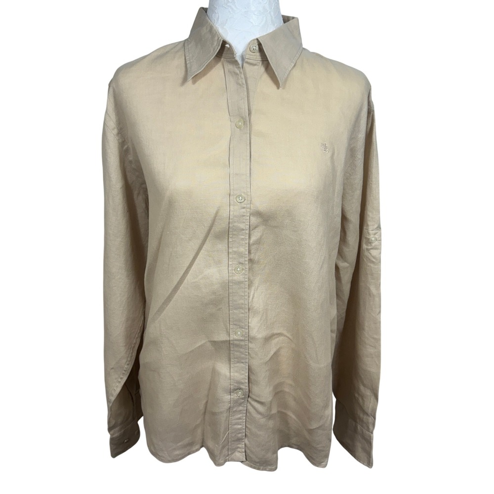 Lauren Ralph Lauren Tan Linen Long Sleeve Roll Tab Button Up Shirt Womens Large